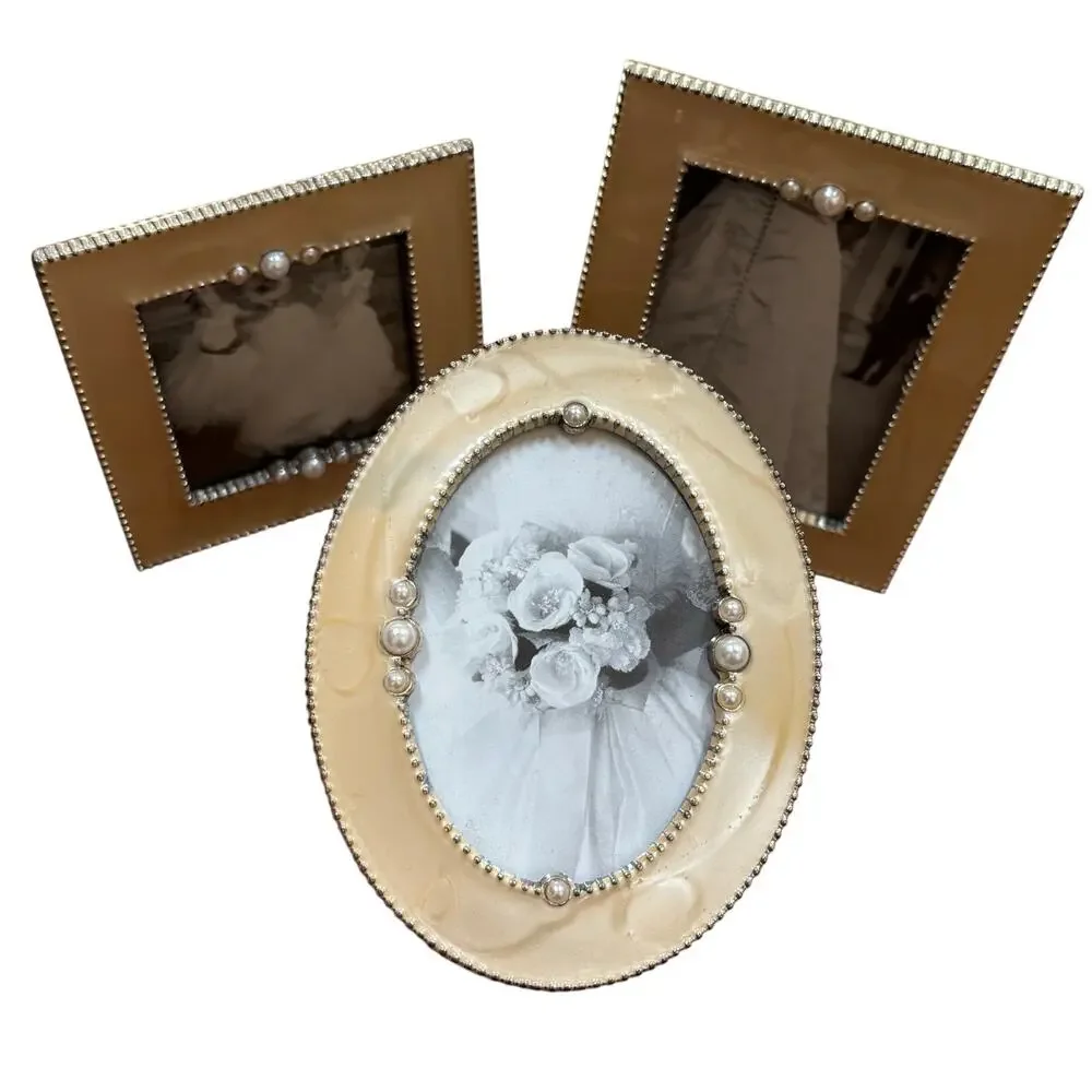 Trio of small photo frames (3) matching set cream enamel standing desktop style